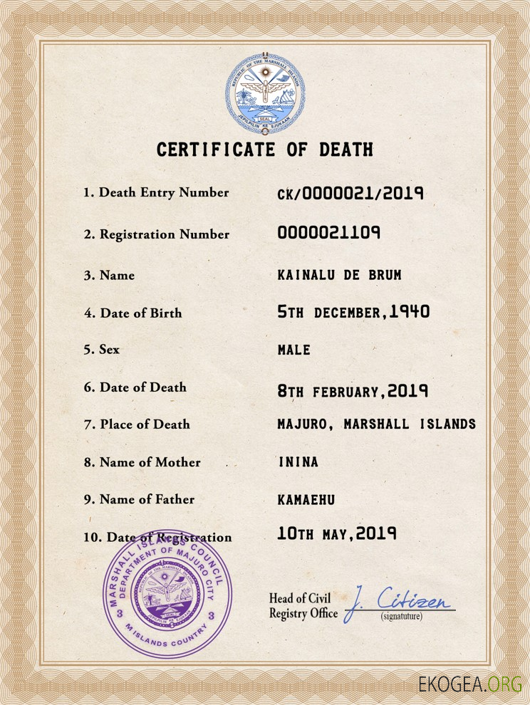 Modèle PSD de certificat de décès des Îles Marshall